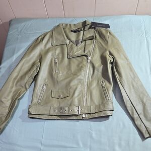 Shinestar Womens Medium Biker Sage Faux Leather Jacket Zipper Belt NWT